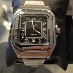 Cartier Stainless Steel Watch with Black Dial and Silver Bracelet
